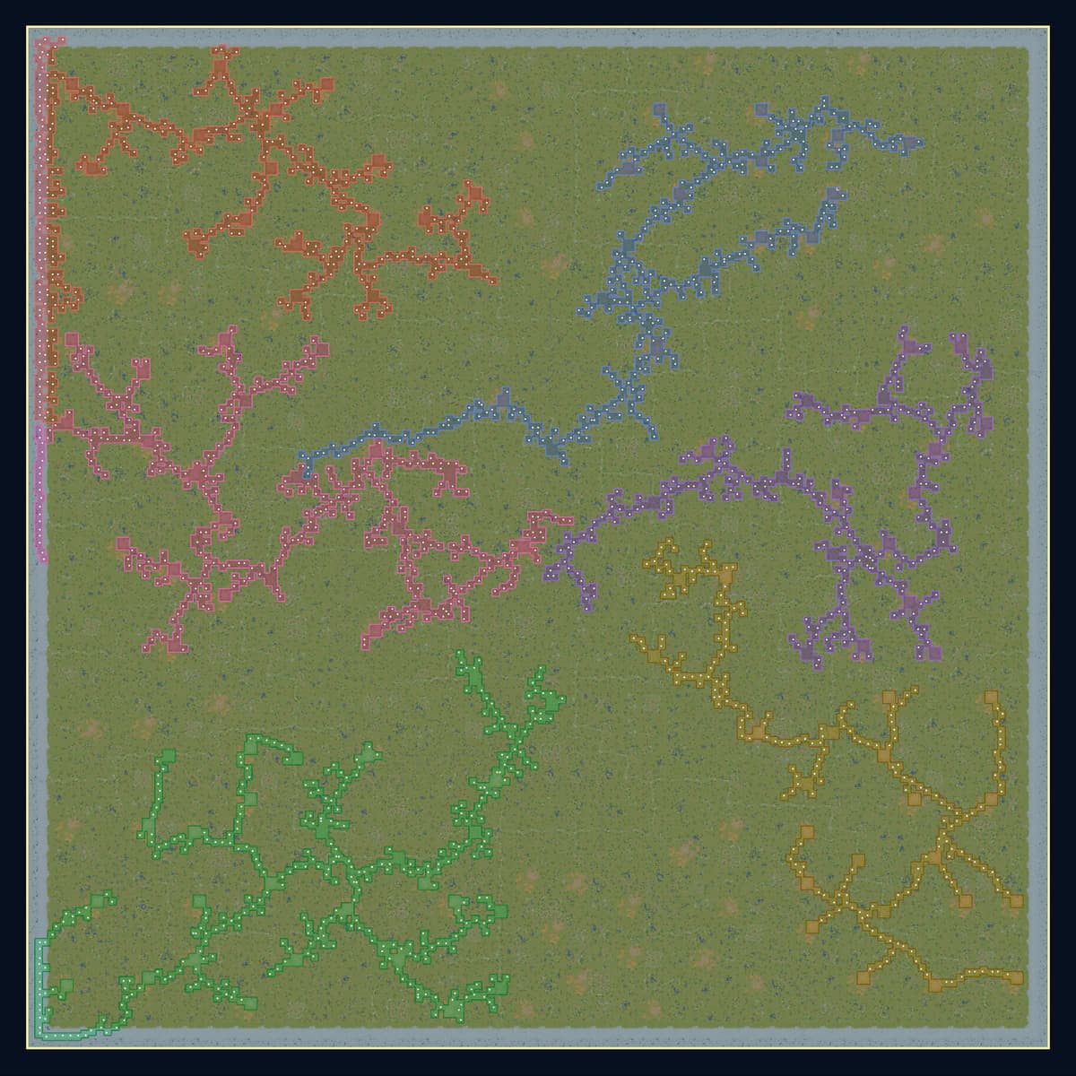 A closer planner view of six validated alliance territories on Kingdom Map A.